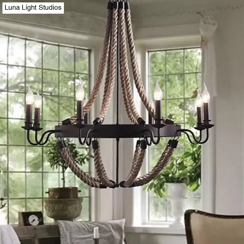 Countryside Hanging Chandelier with 6/8 Brown Bulbs and Hemp Rope Basket Pendant Design