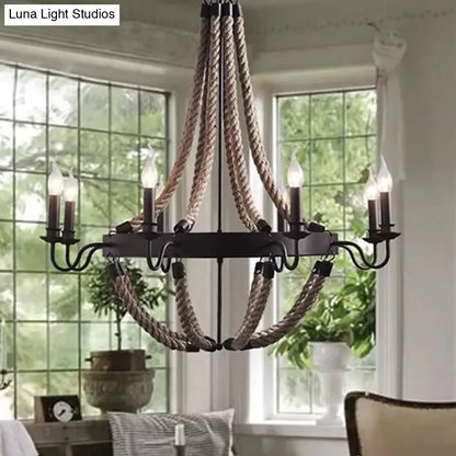 Countryside Hanging Chandelier with 6/8 Brown Bulbs and Hemp Rope Basket Pendant Design