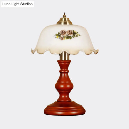 Countryside Wood Baluster Night Light - Red Brown Lounge Table Lamp with Opal Glass Lampshade