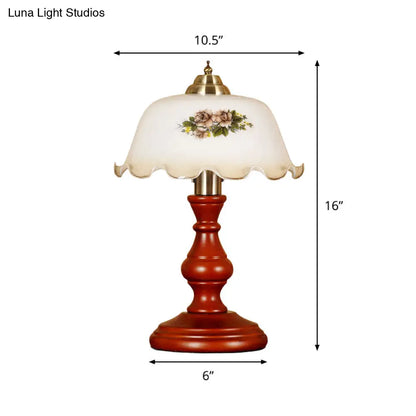Countryside Wood Baluster Night Light - Red Brown Lounge Table Lamp with Opal Glass Lampshade