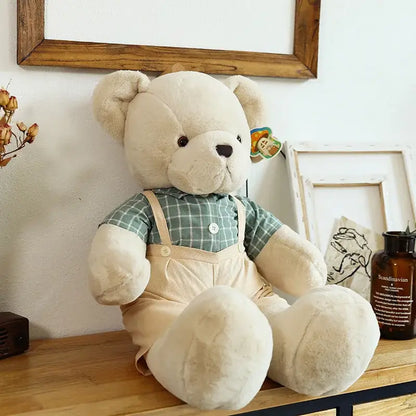 Cream-colored cream-colored plush couple bear wearing green plaid shirt and beige overalls from decorbites plush toys