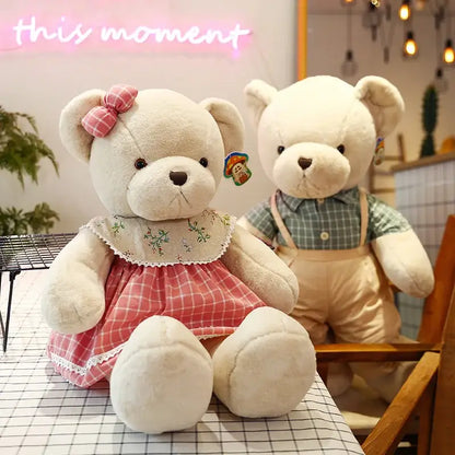 Cream-colored plush toys couple bear wearing pink and white checkered dress with lace trim from decorbites christmas gift