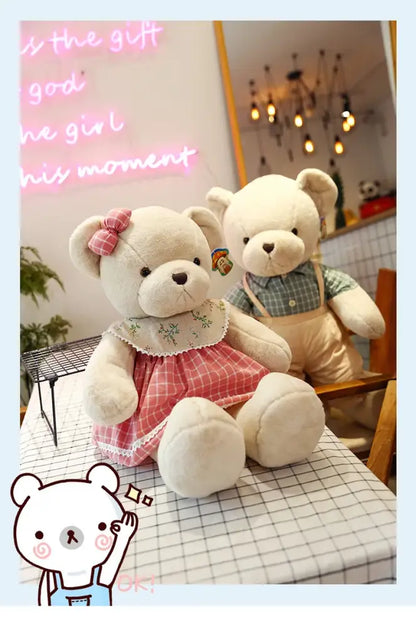Cream-colored plush couple bear wearing a pink and white checkered dress with lace trim from decorbites plush toys