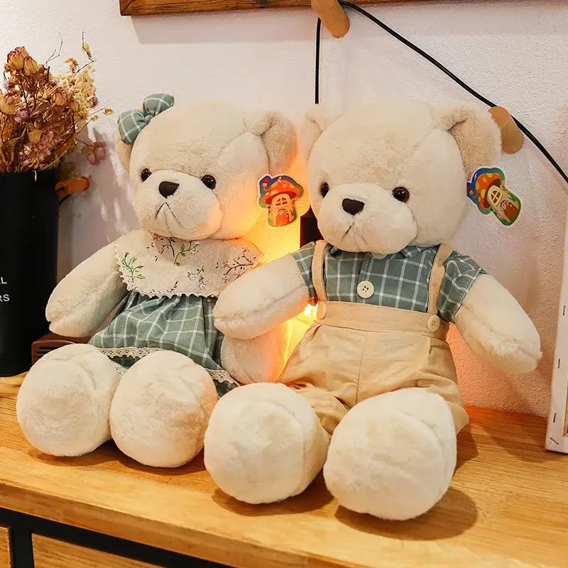 Two cream-colored plush toys couple bear plush dressed in plaid outfits by decorbites for christmas gift