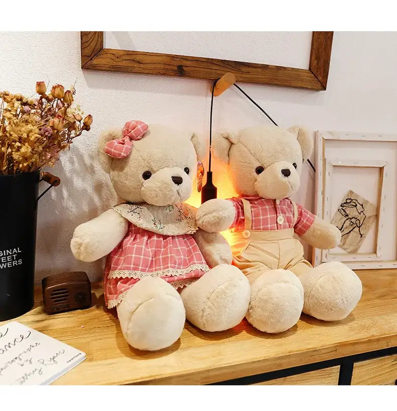 Decorbites 80cm couple bear plush toys featuring two plush toys dressed in pink plaid dress and checkered overalls