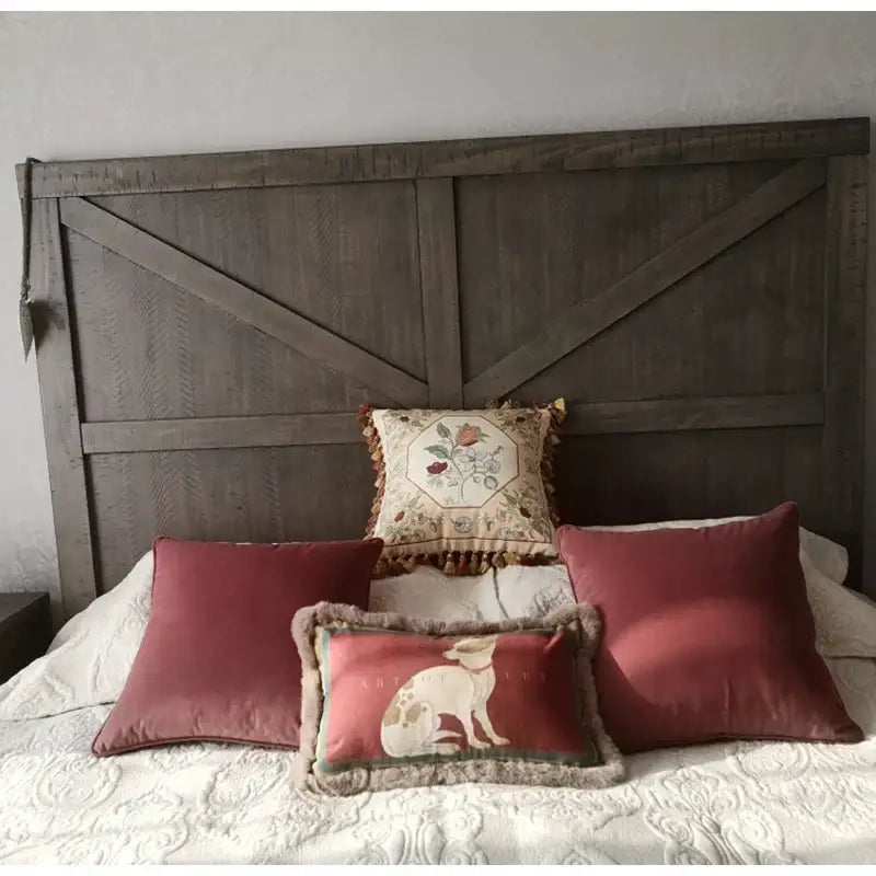 Dark gray rustic wooden barn door style headboard with weathered texture for decorbites court puppy print pillow cover decor