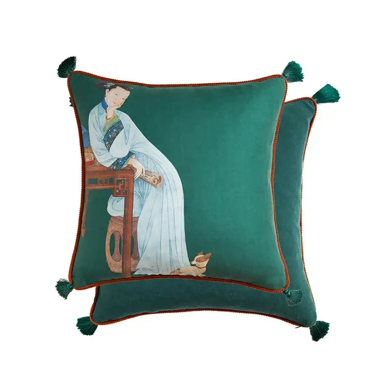 Emerald green velvet pillow cover with embroidered chinese woman in light blue robes and court puppy print decorbites decor