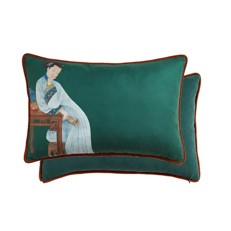 Emerald green velvet pillow cover with detailed east asian woman illustration and rust piping for decorbites court puppy decorbites court puppy print living room decor