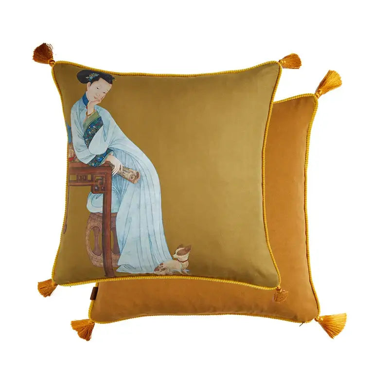 Golden velvet pillow cover with embroidered traditional chinese woman in light blue robes and gold tassels decorbites court puppy print