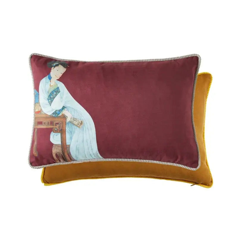 Maroon velvet pillow cover with court puppy print featuring east asian woman illustration and silver piping decorbites court puppy