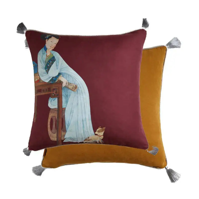 Maroon velvet pillow cover with court puppy print featuring a traditional Chinese woman in blue robes and gray tassels