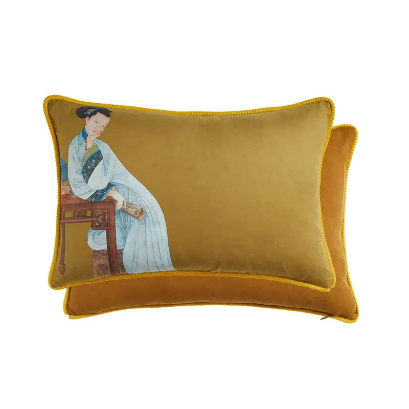 Mustard yellow velvet rectangular pillow cover featuring court puppy print with east asian woman illustration decorbites court puppy