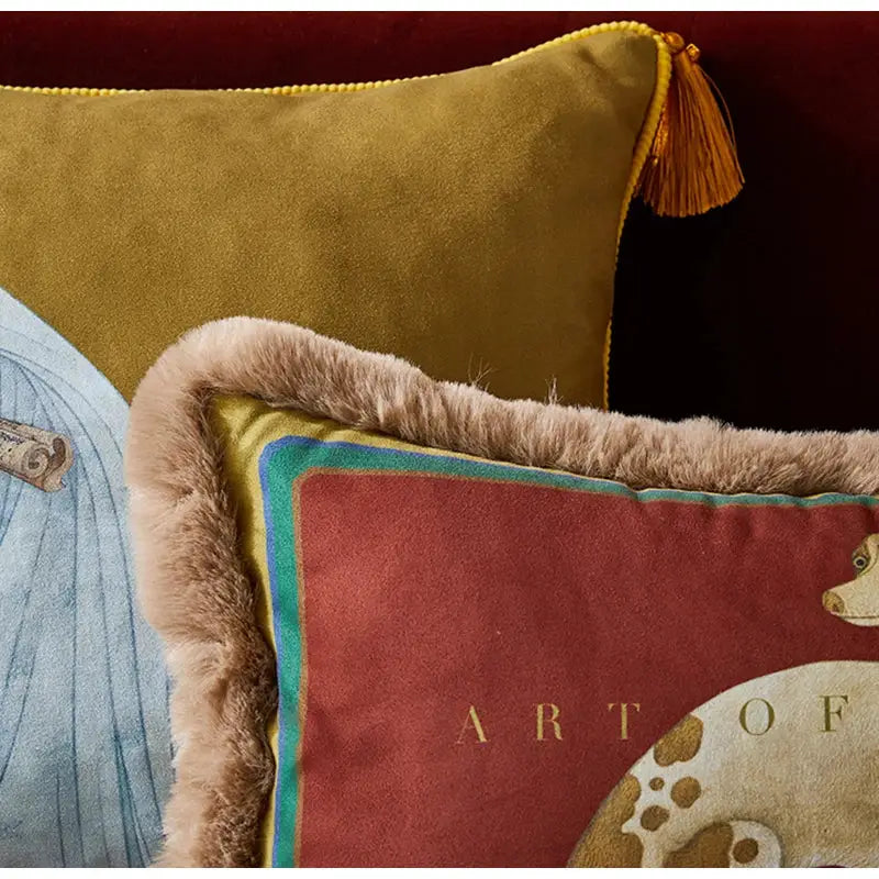 Olive green velvet pillow cover with gold tassel trim for decorbites court puppy print living room decor