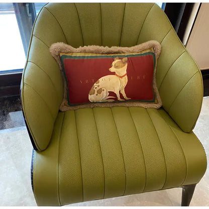 Red rectangular pillow cover with court puppy print dog illustration green trim and tan faux fur decorbites court puppy