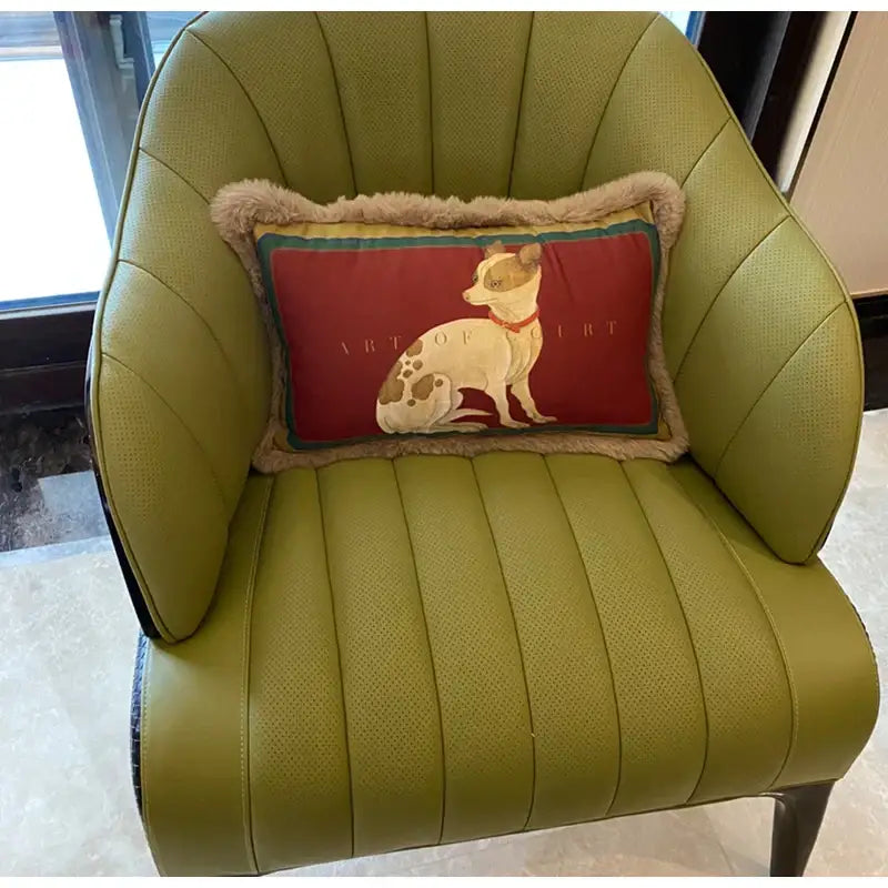Red rectangular pillow cover with court puppy print dog illustration green trim and tan faux fur decorbites court puppy