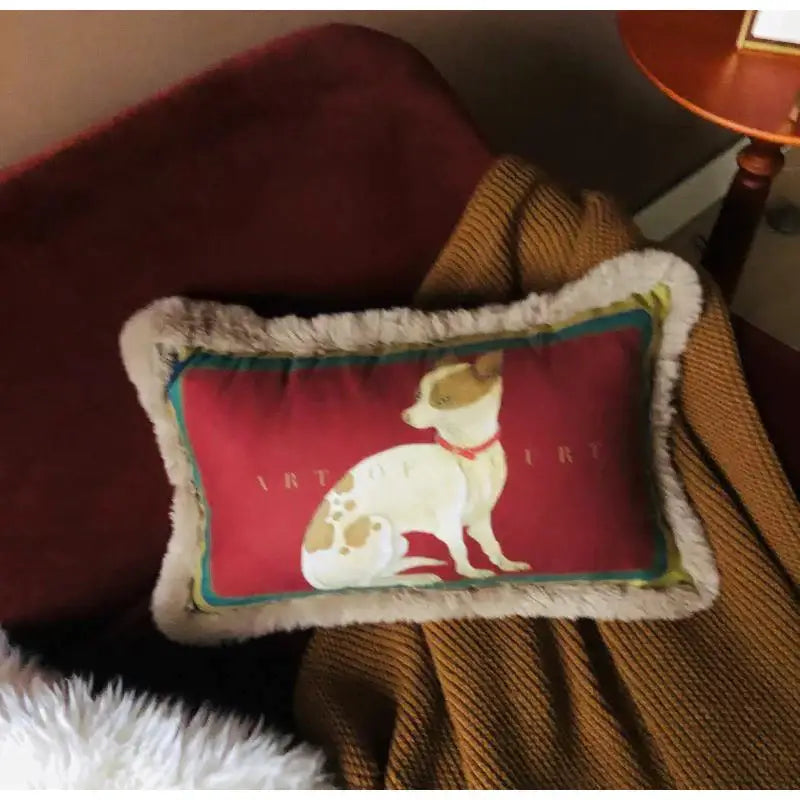Rectangular red pillow cover with court puppy print and plush beige fur trim for living room decor by decorbites court puppy