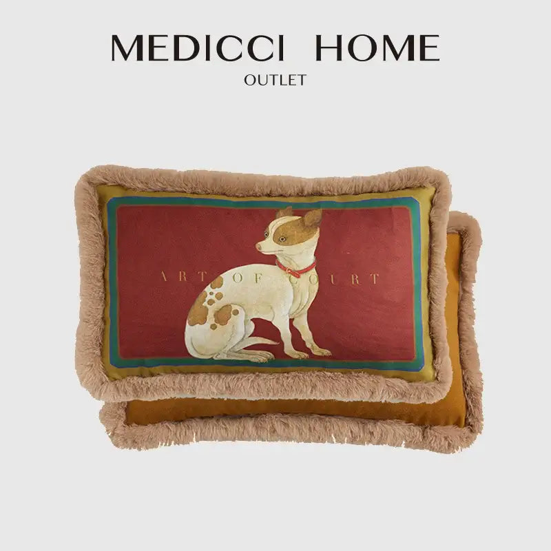 Rectangular pillow cover with plush beige fringed border and court puppy print embroidery on red decorbites court puppy background