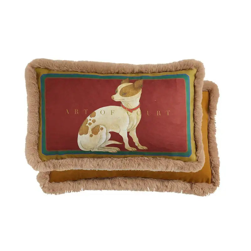 Rectangular pillow cover with court puppy print featuring a white and tan dog on red with fringed beige border decorbites court puppy