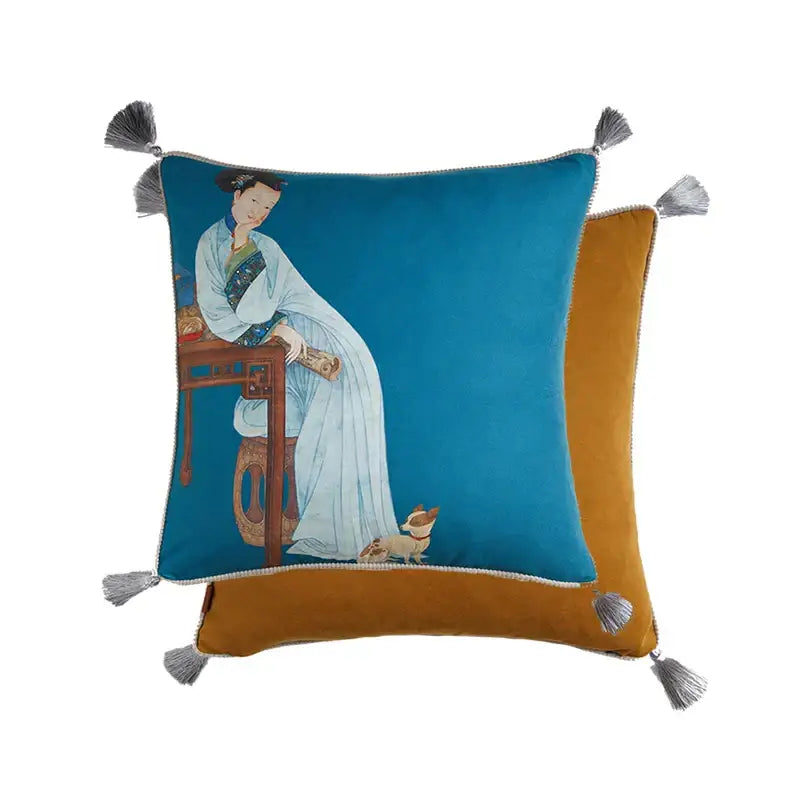 Teal velvet pillow cover with embroidered traditional chinese woman and silver tassels for decorbites court puppy print decor