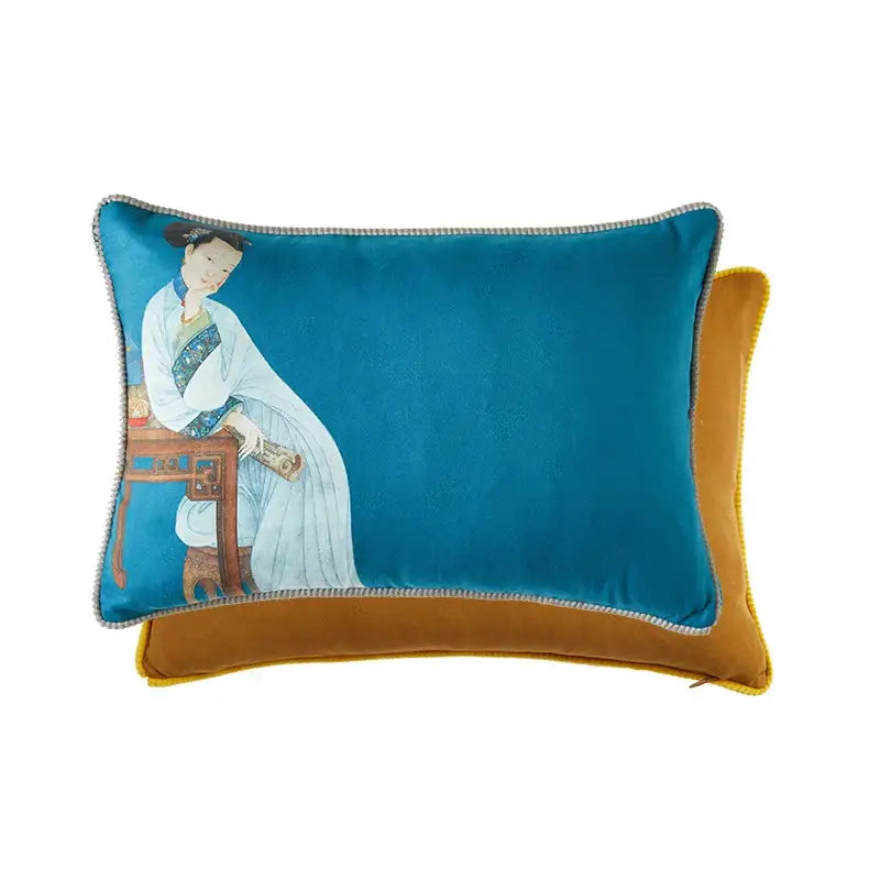 Teal velvet rectangular pillow cover with east asian woman print and silver piping decorbites court puppy print design
