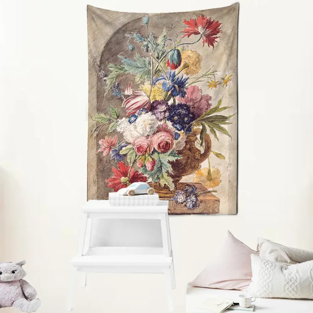 Court style floral oil painting tapestry with colorful blossoms in ornate vase on beige background for living room decorbites court style