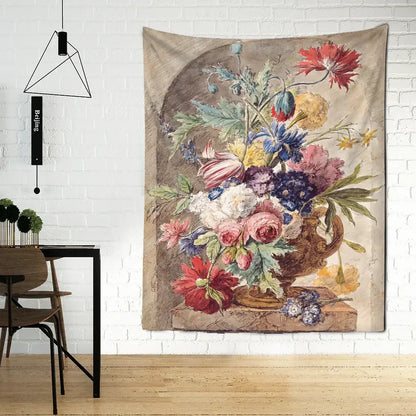 Vintage-style court style floral oil painting tapestry with colorful blossoms in ornate vase on soft beige fabric decorbites court style