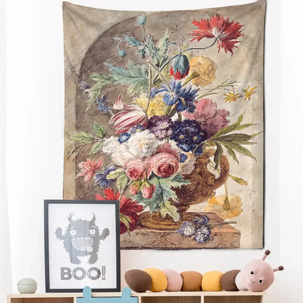 Vintage court style floral oil painting tapestry featuring colorful flowers in an ornate vase on textured fabric decorbites court style wall decor
