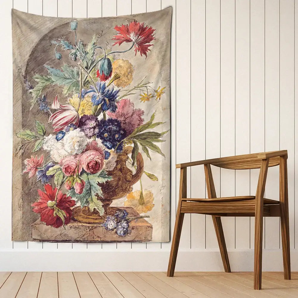 Vintage style floral tapestry with colorful flowers in ornate vase printed on soft fabric for decorbites court style wall decor