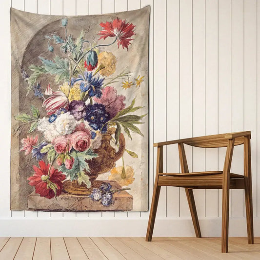 Vintage style floral tapestry with colorful flowers in ornate vase printed on soft fabric for decorbites court style wall decor