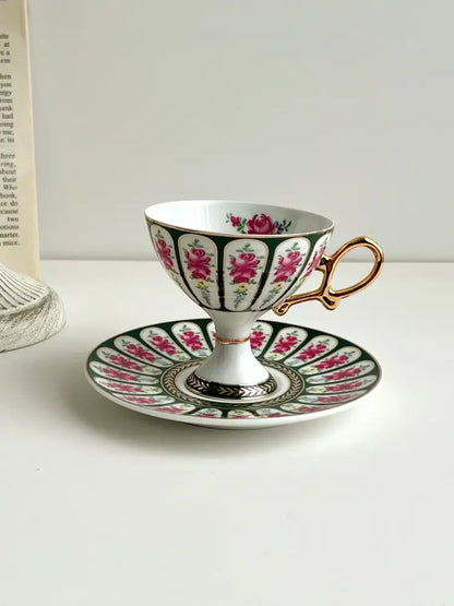 Elegant porcelain cup set with pink rose pattern green and white background gold handle decorbites court style latte