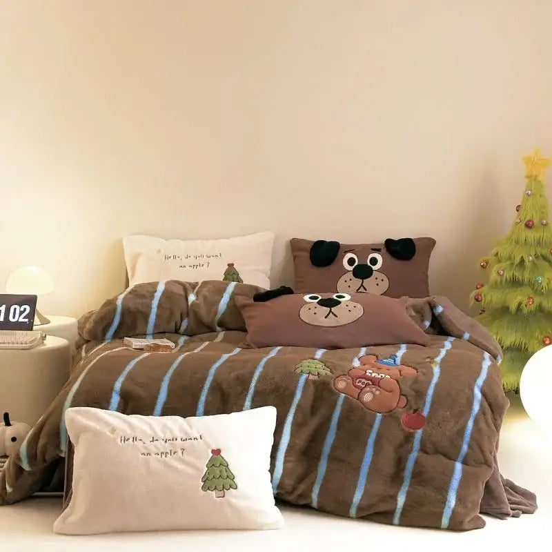 Brown striped fleece duvet set with embroidered cartoon dog and bear faces for decorbites cozy autumn winter use