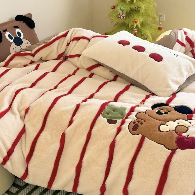 Cream-colored fleece duvet set with red vertical stripes and embroidered cartoon bears for decorbites cozy autumn winter decor