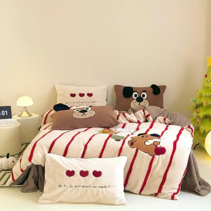 Cute brown and white striped dog-themed duvet set with embroidered faces and heart details for decorbites cozy autumn winter