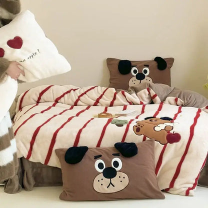 Brown plush dog-faced pillow with black ears and embroidered eyes complementing decorbites cozy autumn winter duvet set