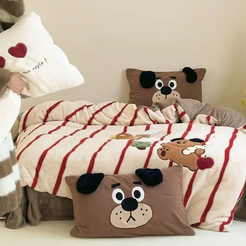 Brown plush dog-faced pillow with black ears and embroidered eyes complementing decorbites cozy autumn winter duvet set