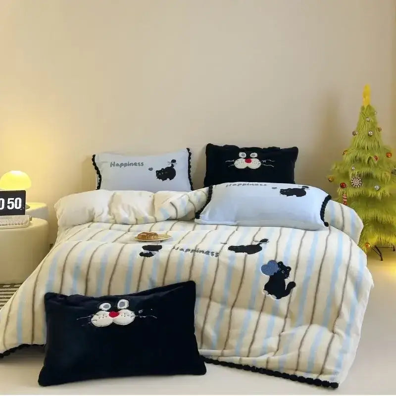 Cozy autumn winter cream and light blue striped quilt duvet set with black cat appliqués and plush texture decorbites cozy autumn