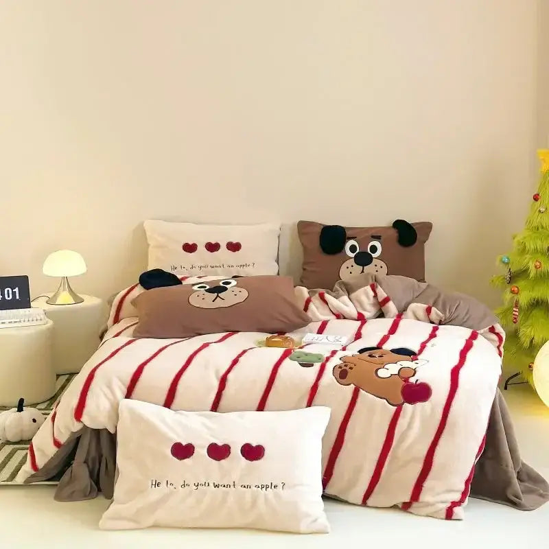 Cute brown and white striped dog-themed fleece duvet set with embroidered faces and heart details for cozy autumn winter decorbites cozy autumn
