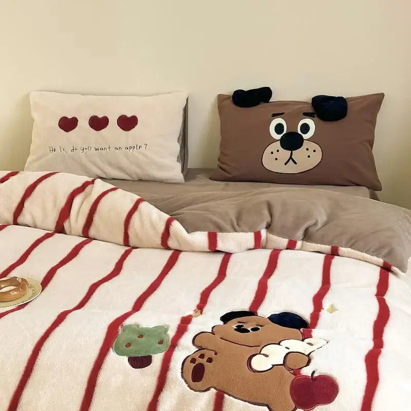 Cute brown plush dog-themed fleece duvet set with red stripes and embroidered appliqué for decorbites cozy autumn winter decor