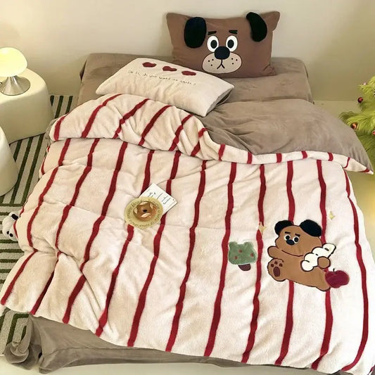 Cream-colored fleece duvet set with bold red stripes and embroidered bear for decorbites cozy autumn winter bedroom decor