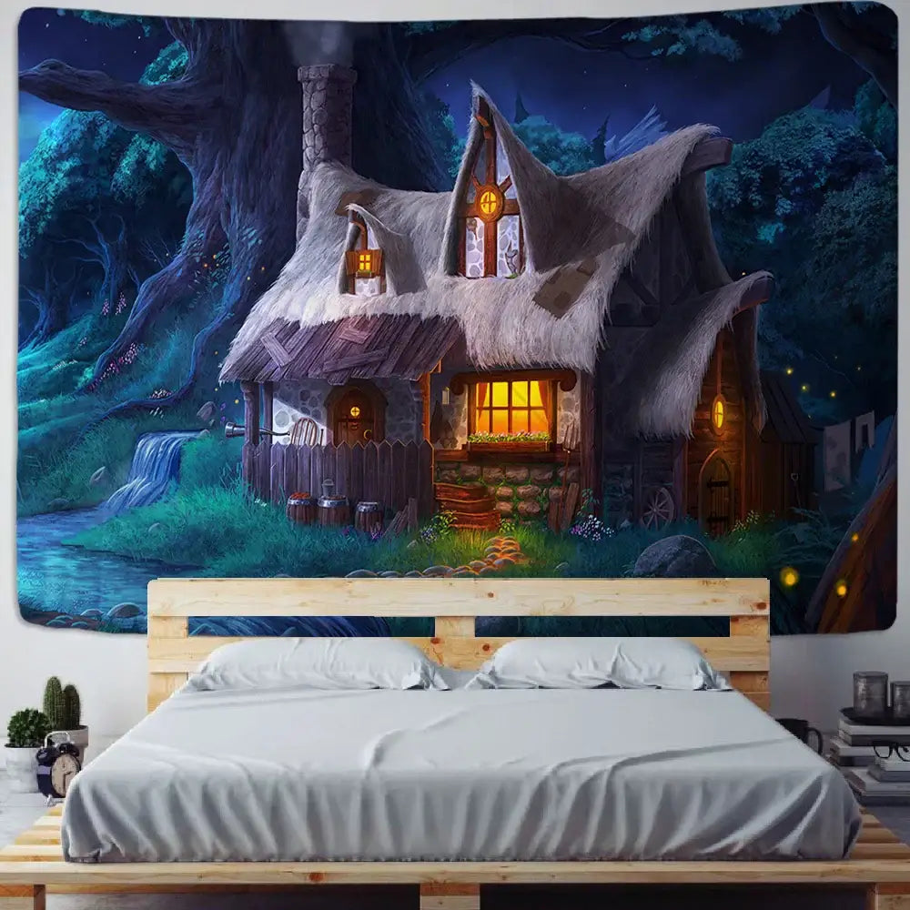 Cozy cabin in the woods wall hanging tapestry features a glowing cottage in a mystical forest for bedroom decorbites decor