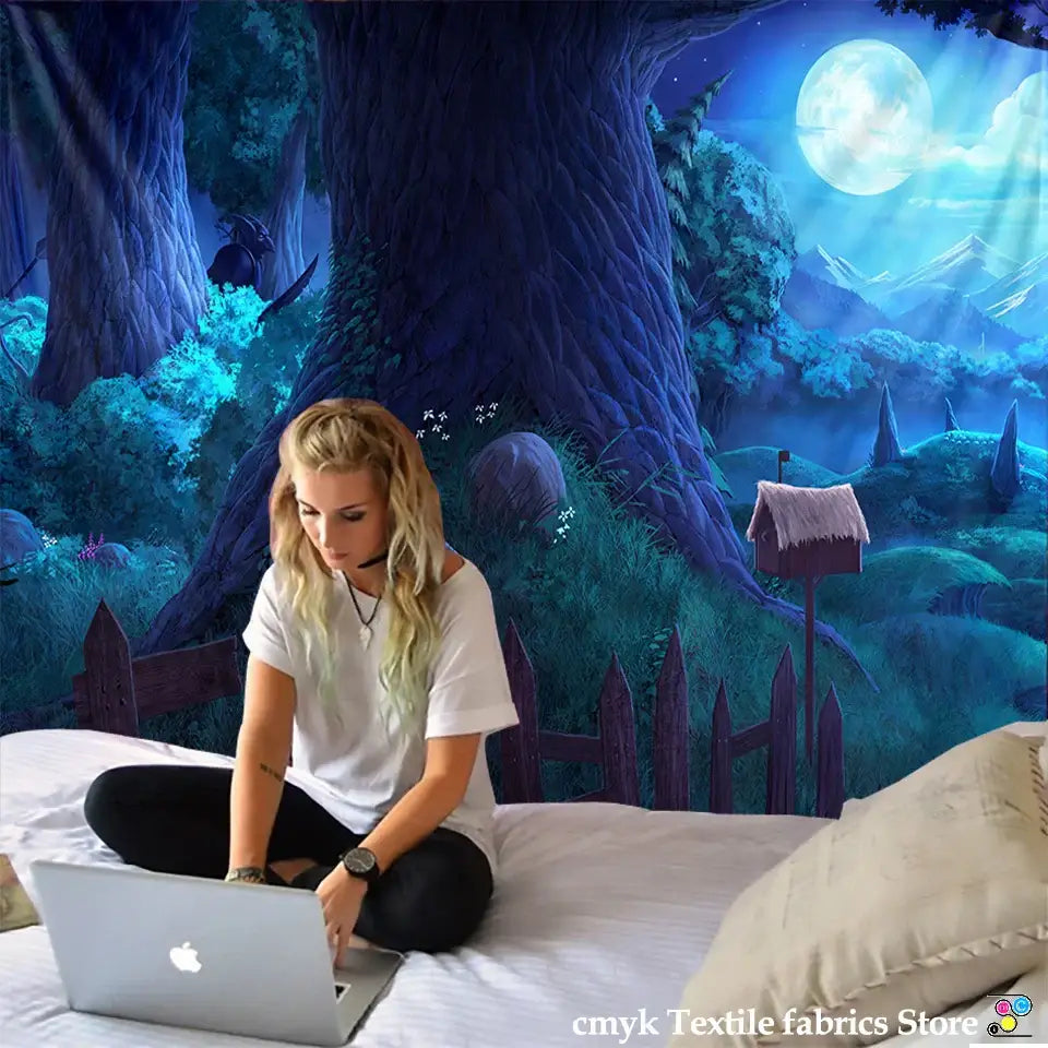 Silver apple macbook laptop placed on cozy cabin in the woods wall hanging tapestry for bedroom decorbites cabin woods wall hanging