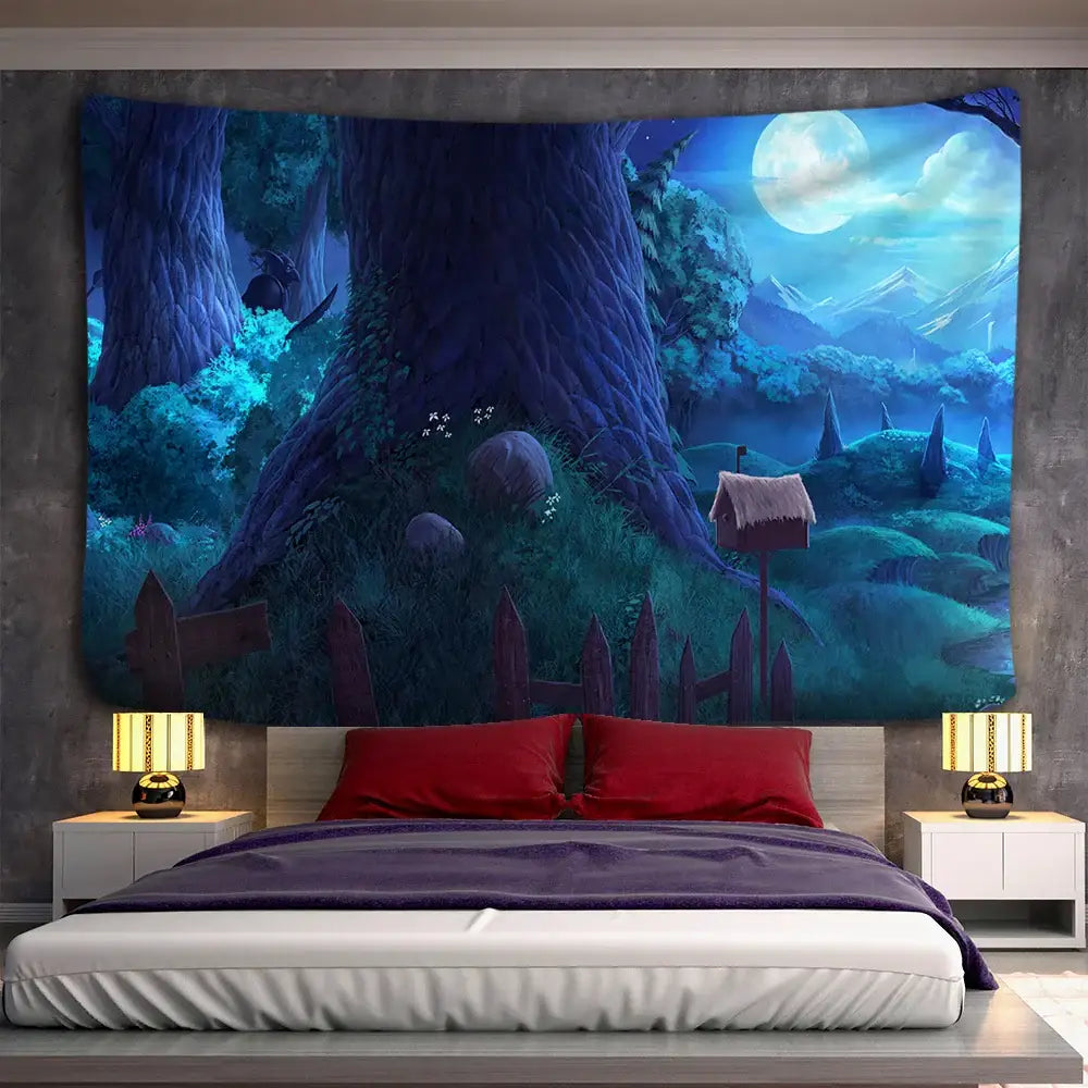 Cozy cabin in the woods wall hanging tapestry featuring a vibrant blue and green fantasy forest for bedroom decorbites cabin