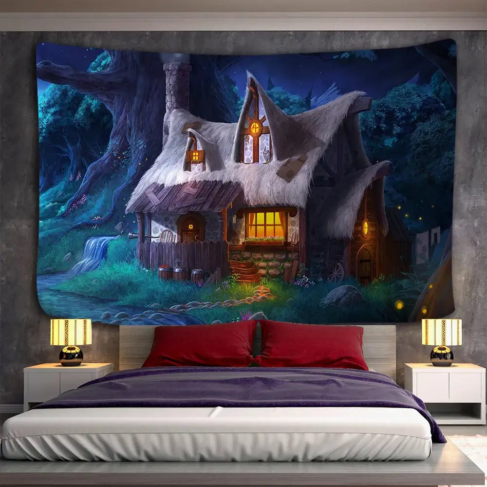 Cozy cabin in the woods wall hanging tapestry with thatched roof and waterfall scene in deep blues and greens decorbites cabin