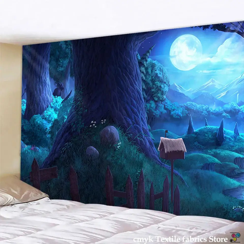 Cozy cabin in the woods wall hanging tapestry with blue and teal fantasy forest, moonlit mountains, and rustic cottage decorbites cabin