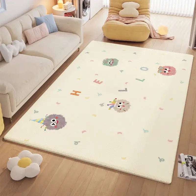 Cozy carpet cream-colored children’s play mat with plush surface featuring decorbites cartoon ball print and colorful letters