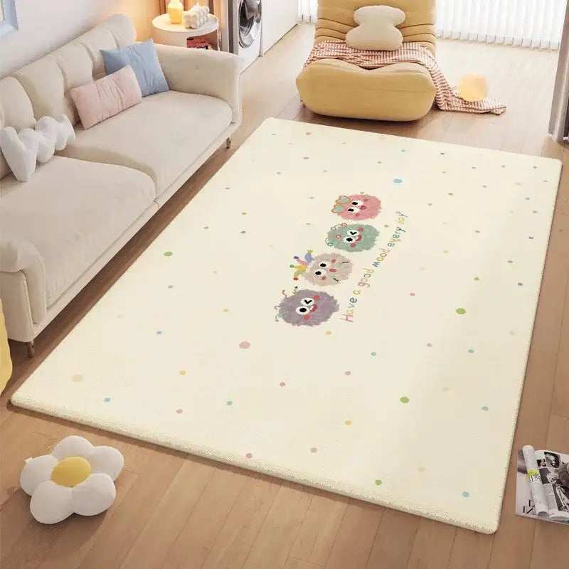 Cream-colored cozy carpet with decorbites cartoon ball print and have a good mood every day phrase for bedroom decor