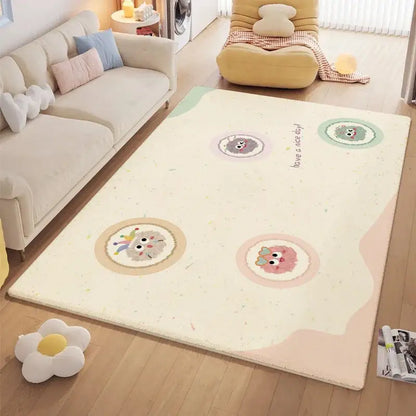 Cozy carpet cream rectangular rug with soft plush texture and decorbites cartoon ball print featuring pastel animals