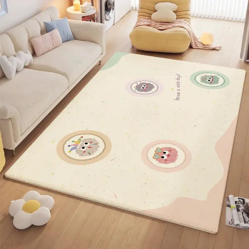 Cozy carpet cream rectangular rug with soft plush texture and decorbites cartoon ball print featuring pastel animals