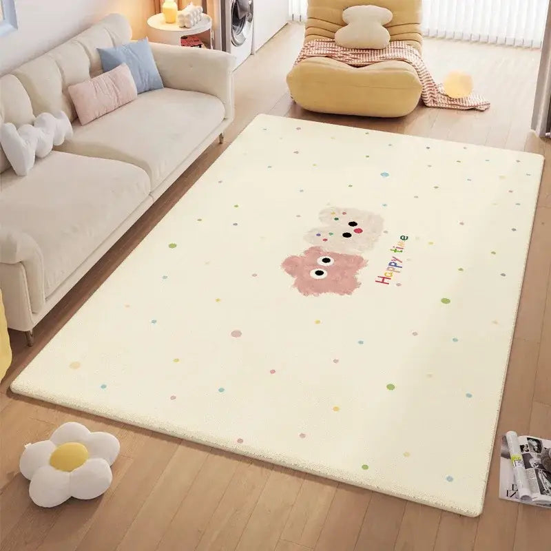 Cream-colored plush cozy carpet with cartoon ball print featuring two bears and happy time text with pastel polka dots