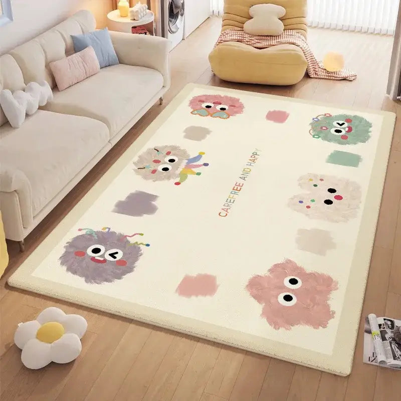 Cream-colored cozy carpet with decorbites cartoon ball print featuring pastel fluffy creatures and colorful accessories